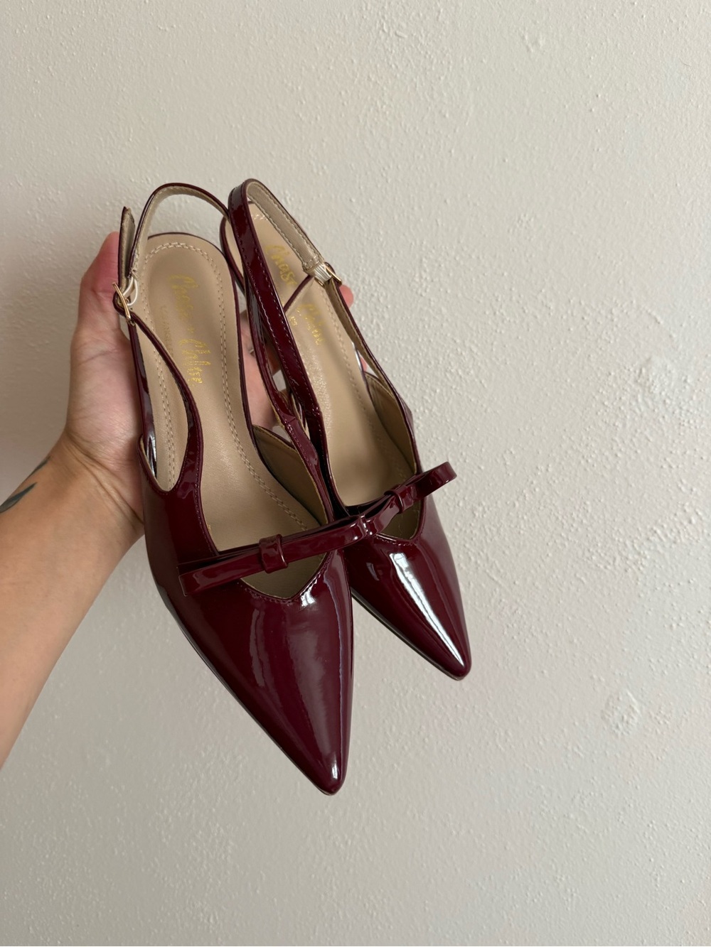 Chase + Chloe Burgundy Patent Pointed Slingbacks with Bow Accent